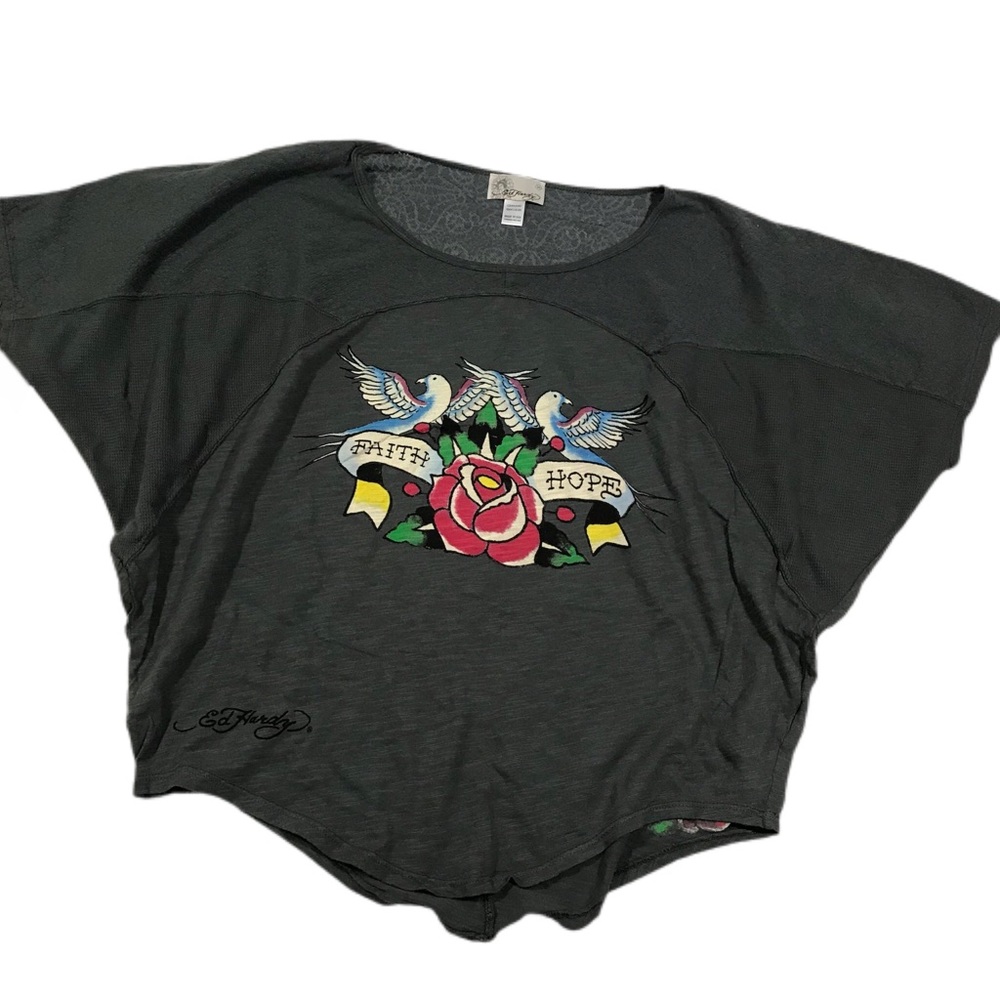 FLAWED - NWOT Ed Hardy Gray FAITH & HOPE With Birds & Rose T-Shirt Blouse